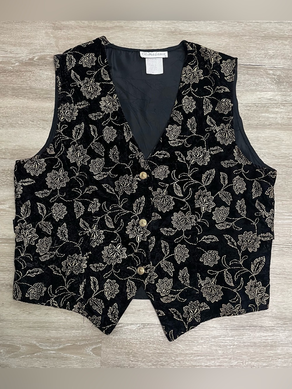 Vintage Gloria Lance Black Gold Floral Velvet Embellished Vest Sz M USA Grandma